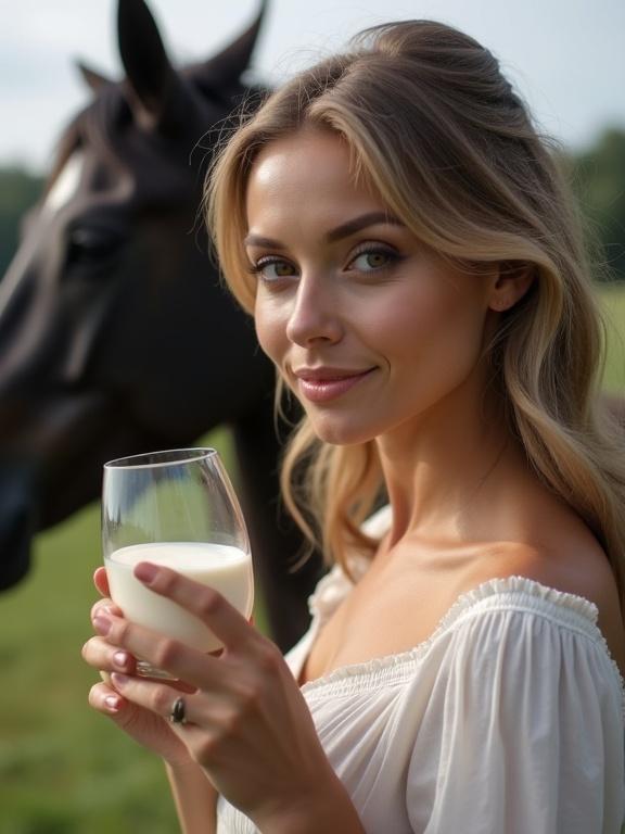 Woman holding a glass of white thick cream. Black horse in the background. Appearing at a breeding farm. The woman features a neckline and elegant look.