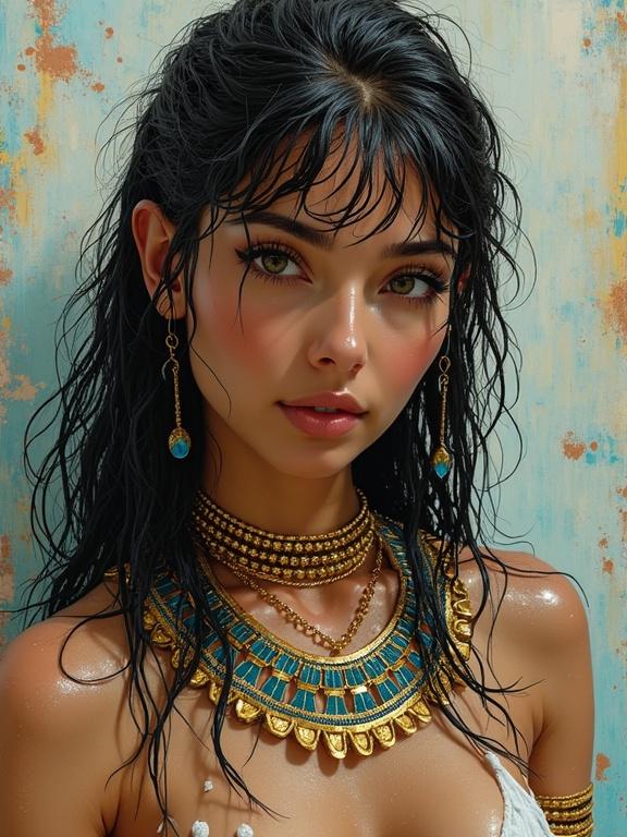 Detailed portrait of a character resembling Cleopatra. Wet look with a 3D background. Mixed media art style. Full body splash affected by moisture.
