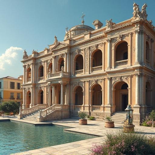 Artistic interpretation of an architectural masterpiece. A grand mansion with elegant columns and ornate decorations surrounding a tranquil reflecting pool. Lush greenery enhance the luxurious ambiance.
