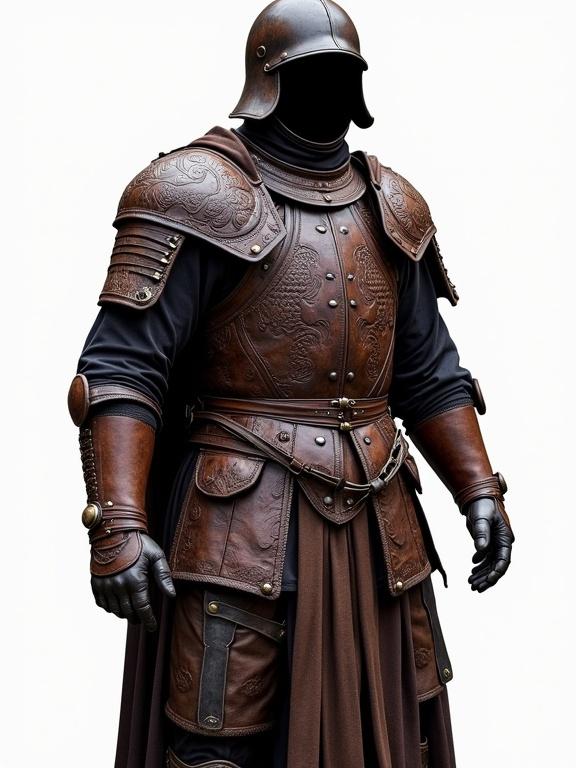 A full body armor made of dark, cured leather. Armor is rich brown or near-black with a rugged matte finish. Displays signs of battle wear. Features articulated panels and reinforced segments for mobility and protection. Thick thread stitching. Embossed with mythical creatures and floral patterns. High stiff collar for throat protection. Cuirass made from molded leather, contoured to the body with vertical ridges and riveted studs. Pauldrons made of curved leather plates with intricate carvings. Worn over a tunic or padded gambeson. Rerebraces, couters, and vambraces protect upper arms, elbows, and forearms. Secured with leather buckles and bronze fastenings. Gloves or gauntlets articulated for movement with layering and metal plating. Broad belt with utility loops for weapons and pouches. Leather tasset skirt composed of strips for upper thigh protection. Thigh guards, knee protection, shin guards made from hardened leather panels. Fastened with straps and reinforced with padding. Durable leather boots below knees with metal studs and stitching. Transparent background.