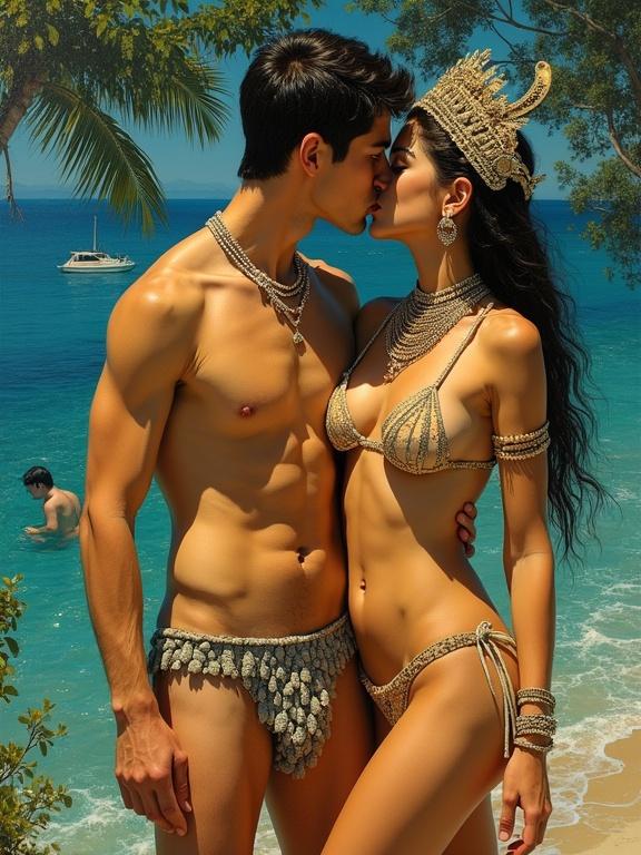 Klimt inspired 3d scene depicting two models passionately kissing on a tropical beach. One model wears a phallic bikini while the other wears a tiny bikini. Rich ornate headpieces adorn both figures. Lush beach setting in the background with calm waters and warm sun.