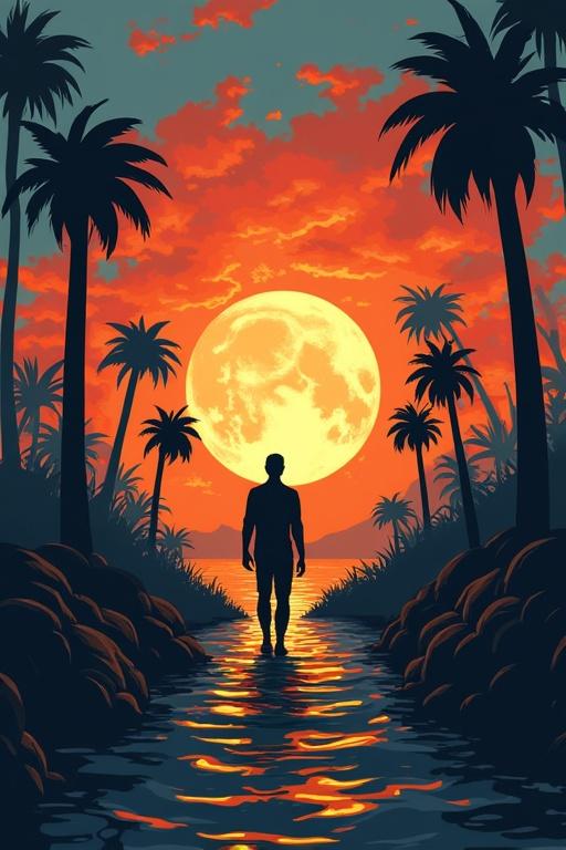 Creative graphic design showcasing a silhouette walking toward a large moon. Vibrant sunset colors with palm trees and water reflection enhance visual depth.