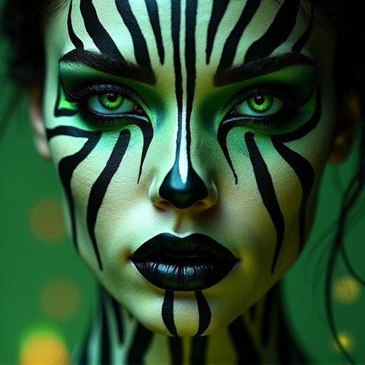 Striking face painted in black and white stripes. Luminous emerald green eyes with neon green accents. Glossy ombré lips and porcelain skin. Soft gold-green bokeh in background under cinematic lighting.