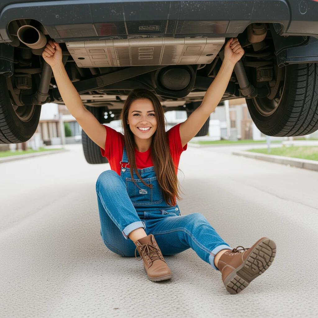 Woman lying on her back under a vehicle. She is holding onto the exhaust pipe. Only her legs are visible. Woman wears overalls and brown boots. Street scene in a residential area with soft lighting.
