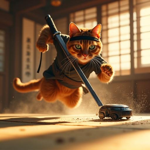 Cinematic action shot of a muscular ginger cat mid-leap in iaijutsu strike. Cat grips katana, aiming at a robot vacuum. Vacuum's LED eyes wide in fear. Authentic dojo background with tatami mats and wooden katana stand. Dramatic lighting with shadows and dust particles. Fine details in cat's fur and katana. Focus on feline expression and motion blur.