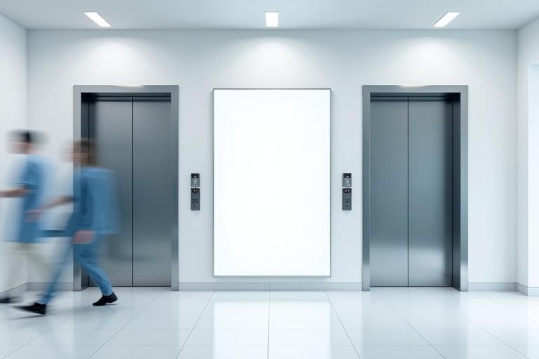 Scene with two elevators and a central mockup board for wayfinding design. One lift is closed and one is open. Doctors are walking by, slightly blurred. Bright lighting with a white interior and hints of blue. Front view with accurate details.