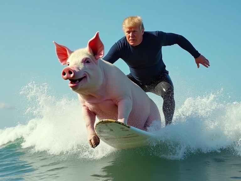 Pig surfing on the ocean waves. Person riding the pig. Action shot with splash and excitement. Bright sunny day. Fun and whimsical scene.