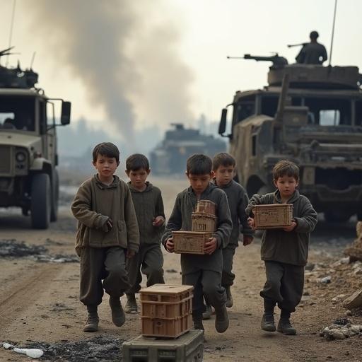 A group of children unloads ammunition crates from armored vehicles. Background features burned pickup trucks and tanks. Smoke is visible in the air. The children appear exhausted.