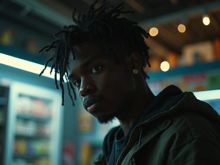 A realistic, cinematic image of a young male with short locs sneaking through a store ceiling. He is rewiring a camera feed using makeshift tools. The lighting is dim, creating a tense atmosphere.