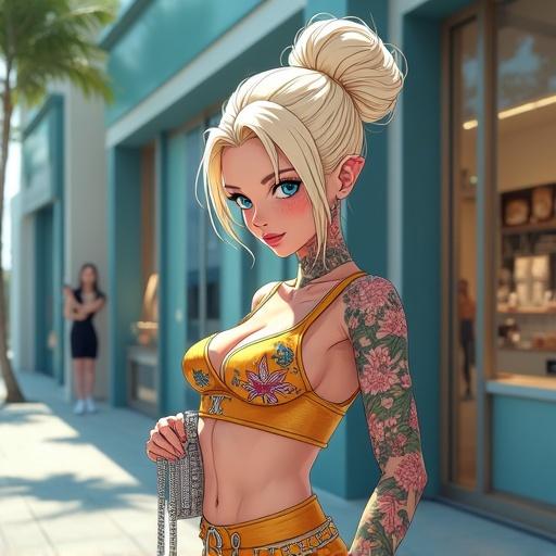 Anime character in a luxurious Gucci store. Woman with frosted blue eyes and oversized light blonde bun. Wearing modern edgy streetwear with colorful tattoos. Shopping in Miami morning. Carrying a Gucci handbag wearing blue diamond sunglasses.