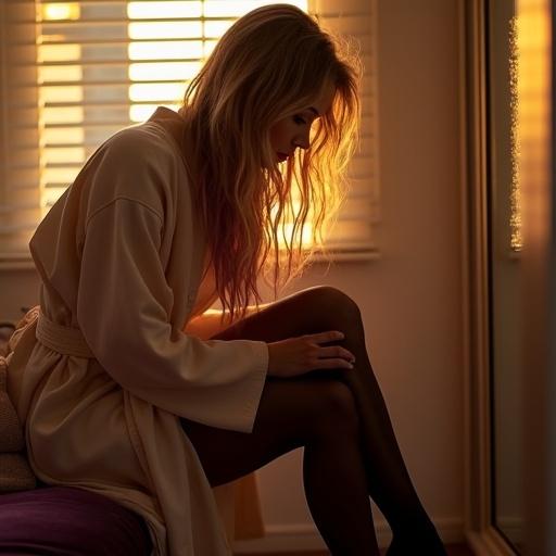 A woman adjusts her stockings in golden-hour light in a cozy changing room. She has long blonde hair with purple streaks. Her attire includes a silky robe. The scene captures her elegance and casual beauty.