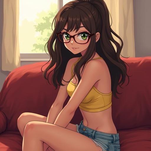 Brunette girl with green eyes wears glasses sits relaxed on sofa in her room. She is dressed in yellow crop top and denim shorts. Soft sunlight fills the room, creating a cozy ambiance.