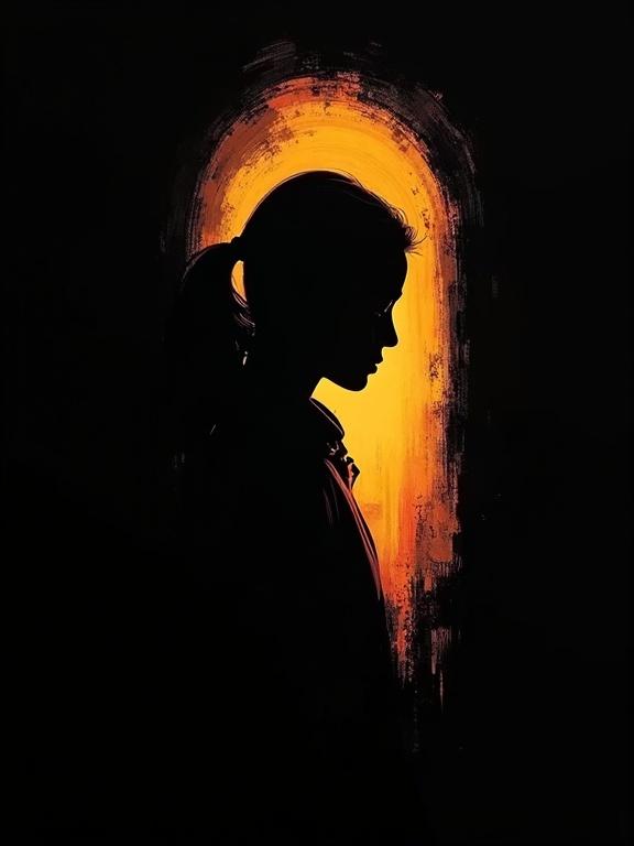 Digital oil painting featuring a silhouette within another silhouette against a black background. Uses harsh brush strokes and rough edges to create an incomplete illustration for logo design.