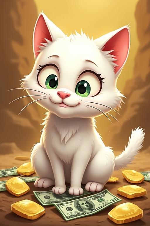 Cartoon illustration of a serious looking white cat. Cat has big green eyes and fluffy fur. Cat is sitting on a pile of money and gold nuggets. Background features a mining scene.