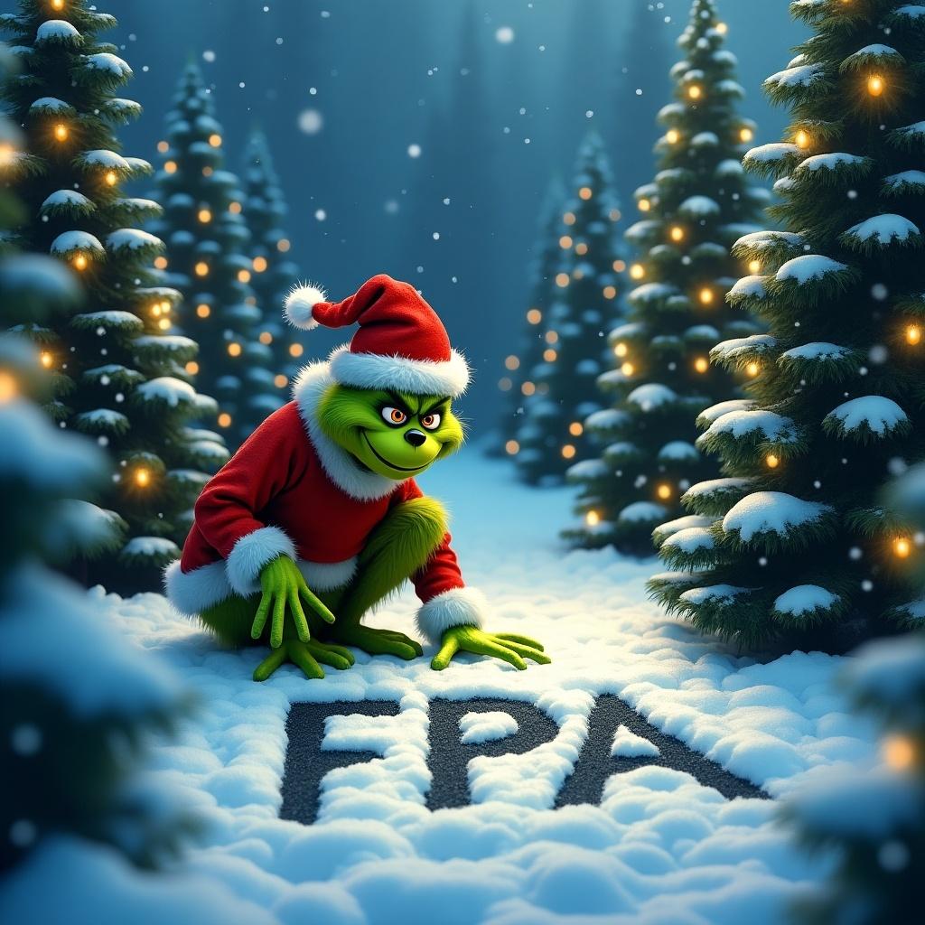 The Grinch is outdoors in snowy surroundings. Christmas trees are around him, adorned with lights. The Grinch writes FPA in the snow.