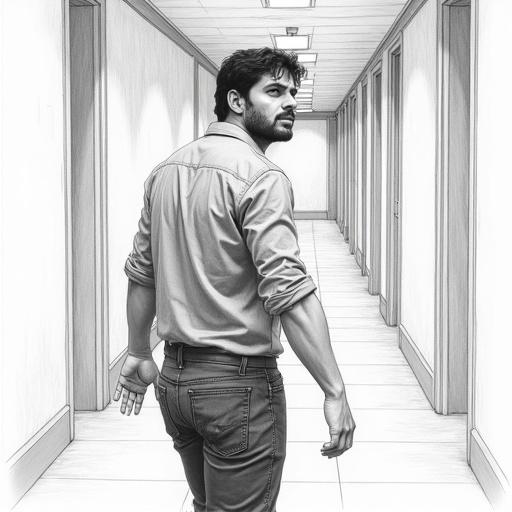 A highly detailed and realistic pencil sketch of a man in his mid-30s with a defined jawline and disheveled thick black hair. He stops in a corridor looking around and taking a deep breath showing exhaustion and resolve. The man wears a light blue shirt and dark jeans which appear slightly rumpled. The composition follows the rules of thirds and uses a medium close-up eye-level angle. The chiaroscuro lighting enhances texture with smooth shading.