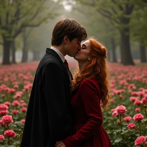 Couple kissing in a rose garden. Young man and woman sharing a romantic moment. Roses blooming around them. Soft lighting enhances the intimate feel. Couple appears joyful and in love.