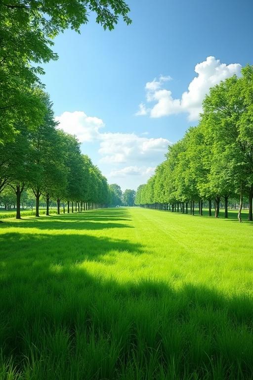 Wide garden filled with lush green grass. Tall shady trees in the distance. Clear blue sky with a few white clouds. Peaceful and serene atmosphere. Natural morning sunlight.