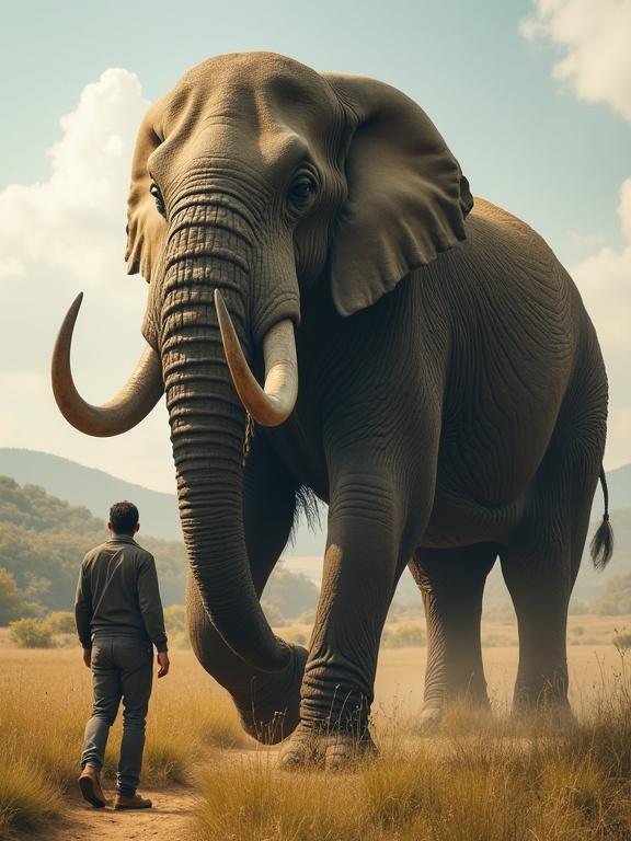 Person walking beside a massive Deinotherium. Hand brushes against its thick leg. Curved tusks hang downward. Peaceful prehistoric landscape surrounds the scene.