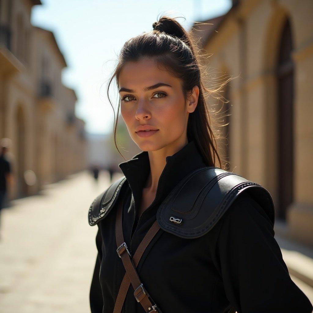 Tall muscular Kazakh female in black combat gear with shoulder pads. Late 20s, hair tied in a small bun. Street setting in sunshine. Oriental Medieval influences. Extreme close-up emphasis on facial features and attire.