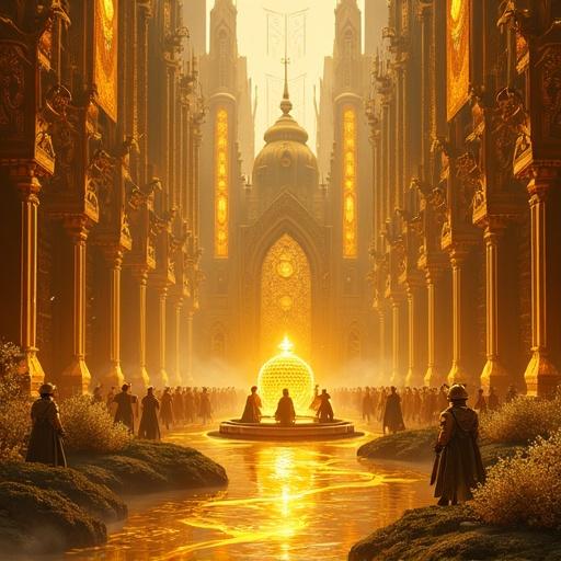 Hyper-detailed square-format digital illustration of a Royal Bee Kingdom in a golden apiary within an enchanted forest. Towering golden crystal hives resembling cathedrals adorned with banners and carvings. Regal bee warriors in obsidian and amber armor. Royal Bee Council around a glowing honey vat. Translucent honey rivers and buzzing couriers. Dramatic lighting with floral particles and giant flowers in the scene. Rich atmosphere filled with royal life and magic.