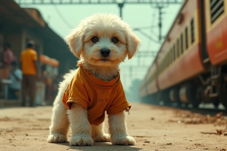Close-up of a beautiful white puppy with lustrous fur. Puppy stands on two legs wearing a dirty t-shirt and half pants. The setting is an Indian railway platform. Vendors sell samosas and chai. Colorful train coaches are in the background. Bright cinematic lighting enhances the atmosphere. Dust particles are seen in the light.