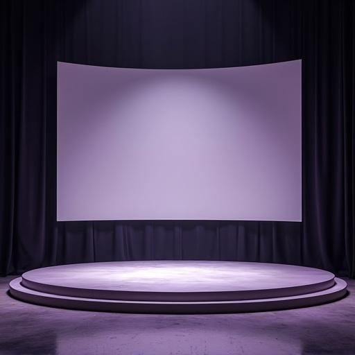 Stage with round or semi-round shape. It has a large wide convex screen at the center. The background is draped with black curtains. The lighting is purple creating an ambient atmosphere.