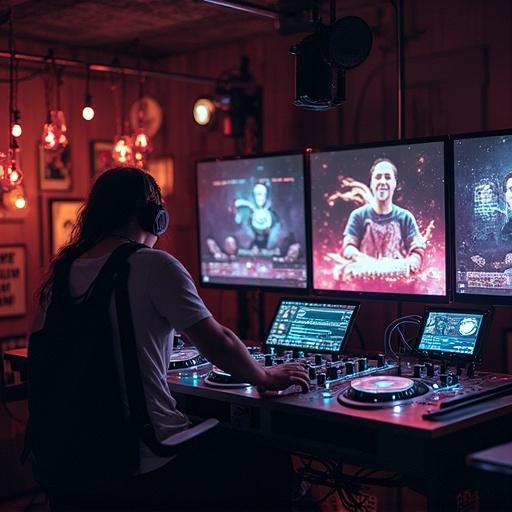 A DJ with rainbow hair dancing energetically on stage at a club. Wearing headphones and using mixers and synthesizers. Neon lights illuminate the scene with a futuristic vibe. The background shows a cheering crowd. High-quality and realistic depiction.
