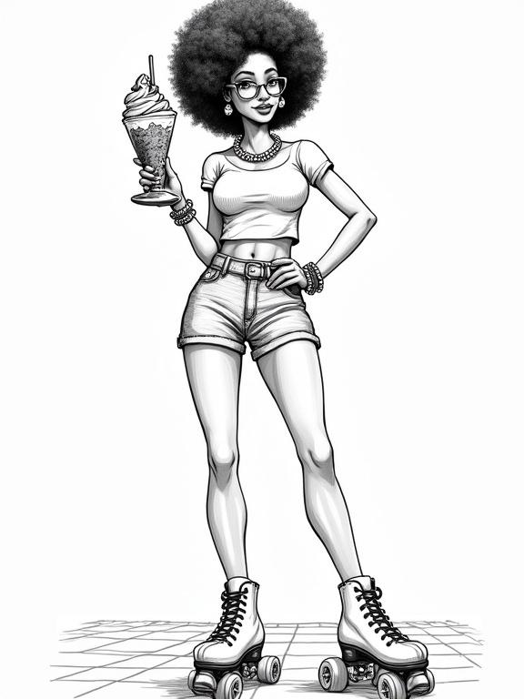 Character is a tall woman on roller skates. She has a natural curly afro hairstyle. She appears confident while holding an elaborate ice cream sundae. The outfit consists of tight high-waisted denim shorts and a fitted crop top. Accessories include a large pearl necklace, oversized glasses, hoop earrings, and bracelets. The background is a retro ice cream parlor with a checkered floor. The style is a pure black ink line drawing without colors, and it has a slight hand-drawn quality.