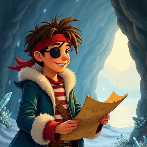 Cheerful young pirate boy with messy brown hair wearing a red bandana. He has an eye patch and wears a blue fur-lined coat. He meets a mysterious girl pirate in a snowy cave. She wears a brown fur-lined coat and holds an ancient map. Surrounding them are glowing crystals. The scene has a warm, nostalgic storybook feel.