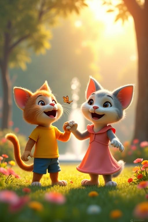 A vibrant 3D animated scene of an anthropomorphic kitten and his mother in a colorful park. Kittu wears a yellow shirt and blue shorts. His mother wears a pastel pink dress. They are joyously chasing a butterfly. The park features blooming flowers, a sparkling fountain, tall trees, and golden sunlight.