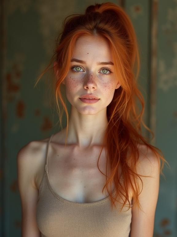 Full body image of a beautiful young woman with copper hair and medium length. Features include a nose septum and slightly pointy nose. She has freckles, big hazel-green eyes, and a high ponytail. Small height and petite body. Aesthetic hands and a well-proportioned torso.