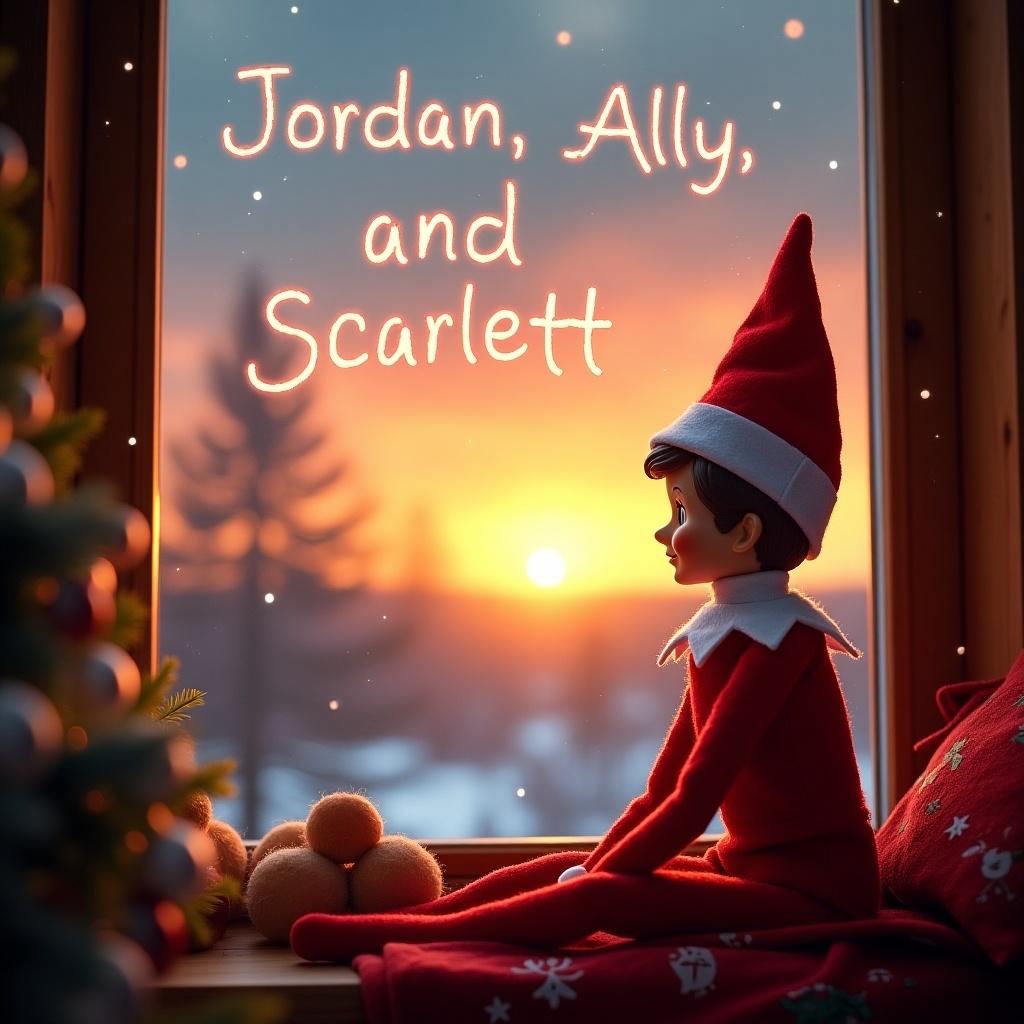 The image shows an Elf on the Shelf by a window. The elf gazes at a vibrant sunset outside. The words 'Jordan, Ally, and Scarlett' appear in the sky. The scene evokes a warm, whimsical feel. The elf looks joyful, enhancing the holiday mood. The cozy setting is inviting for families celebrating Christmas.