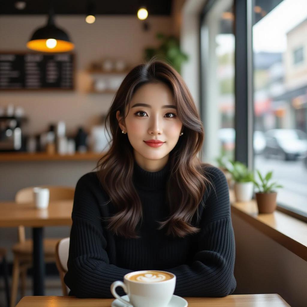 A woman sits at a cafe table with a cup of coffee. She has long hair styled in soft waves. The cafe has a warm and inviting atmosphere with large windows. She wears a black sweater and looks outward. Tables and plants create a cozy environment.