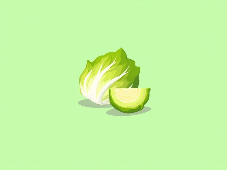 Illustration of iceberg lettuce with a light green background. Features a crisp head of iceberg lettuce with bright green leaves and a pale core. A single leaf is shown alongside a partially sliced section. Style includes clean lines and soft curves.