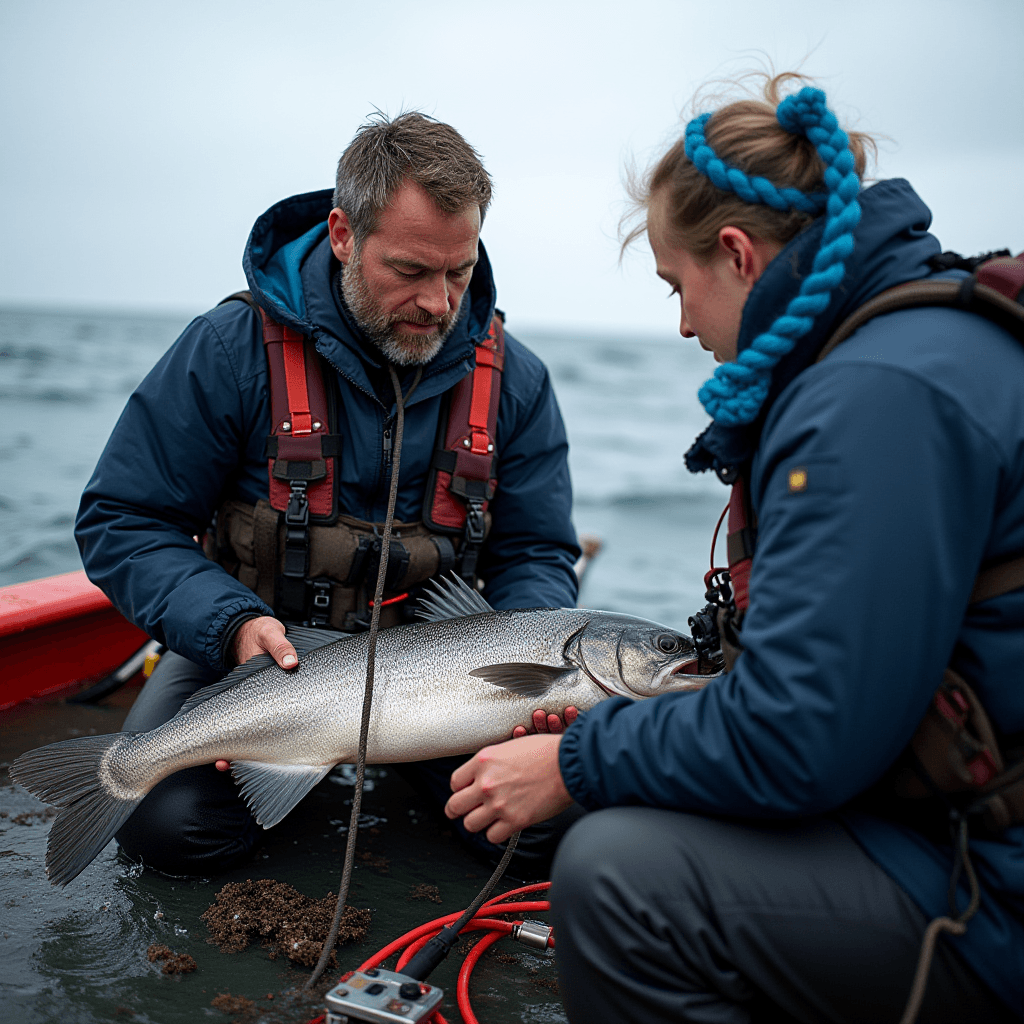 Two people on a boat examine a large fish they've just caught.