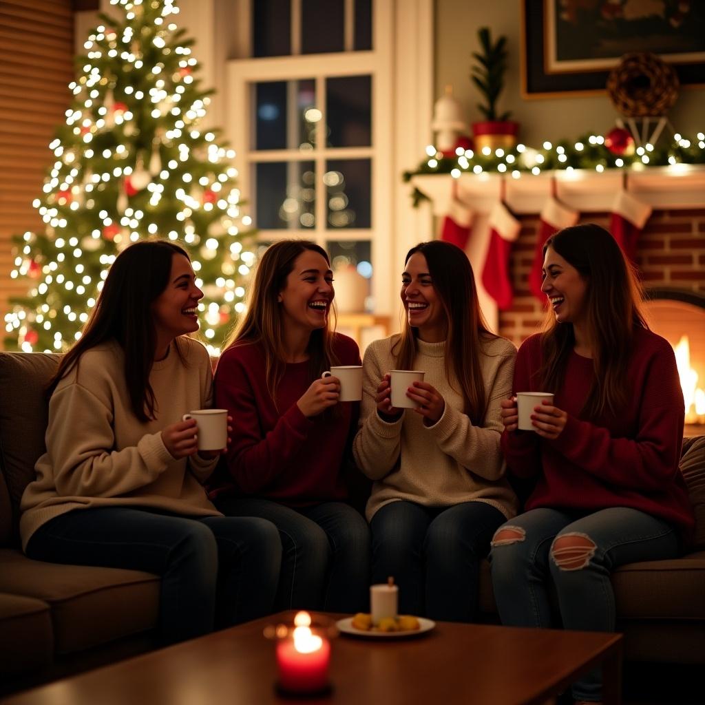 This image depicts four roommates enjoying a cozy moment in a Christmas-themed living room. The space is beautifully decorated with a Christmas tree and stockings hung by the fireplace. Each roommate is wearing matching sweaters and holding mugs, laughing together. The ambiance is warm and inviting, filled with soft lighting from the tree and candles. It captures the essence of friendship and the joy of the holiday season in a comfortable setting.