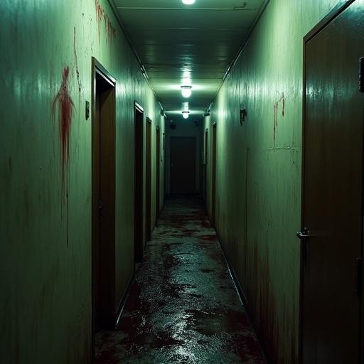 Dark corridor with bloodstains on the walls and floor. Flickering fluorescent lights illuminate the space. Doors line the sides of the hallway. A feeling of unease and horror is present. The scene evokes a nightmarish atmosphere. The perspective feels intimate and claustrophobic, drawing the viewer into the horror.