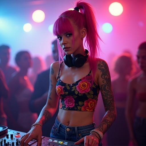 Portrait of female DJ with vibrant pink hair in a ponytail. She wears a dark crop top with pink and yellow floral pattern. High-waisted denim jeans and headphones around her neck. She has rose tattoos on her arms. Standing at a DJ setup with hands on turntable and mixer. Background shows blurred nightclub with colorful bokeh lights. Lighting is dramatic and highlights DJ and equipment. Focused medium shot with lively ambiance.