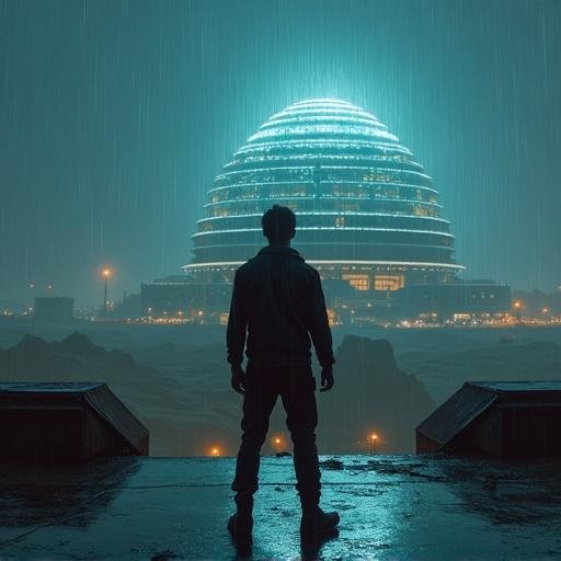 A young man in futuristic clothing stands on a corporate megastructure rooftop at night. Rain falls as he gazes toward the horizon beyond the city. The building is encased in a massive glass dome. Barren land stretches out, filled with rocks and sand, leading to the horizon. Visual texture is gritty with cinematic lighting and composition.