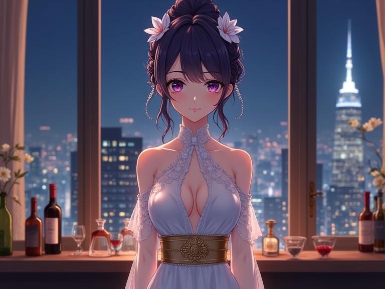Anime woman with dark violet hair styled in an updo wearing a white dress. She is in front of a large window showcasing a cityscape at night. The background includes a bar with shelves holding wine bottles. The focus is on her and she has a soft expression with a slight blush.