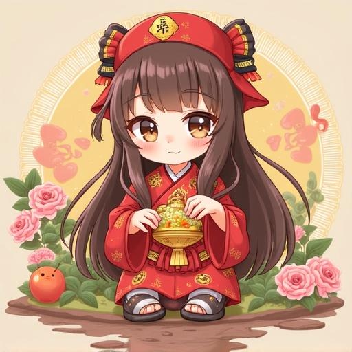 A cute illustration of a character wearing traditional festive clothing. Character holds a bowl of gold coins. A serene background with roses and decorative elements.