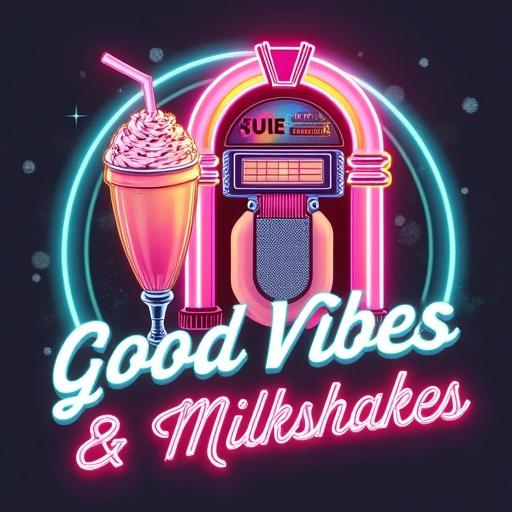 A retro diner-themed t-shirt design showcases a neon sign featuring a milkshake and jukebox. The color scheme includes pink, teal, and yellow hues that glow softly. The text 'Good Vibes & Milkshakes' is displayed in a bold retro font, white with a pink outline. The design has a vintage, slightly distressed look on a transparent background and is high-resolution for printing on cream-colored t-shirts.