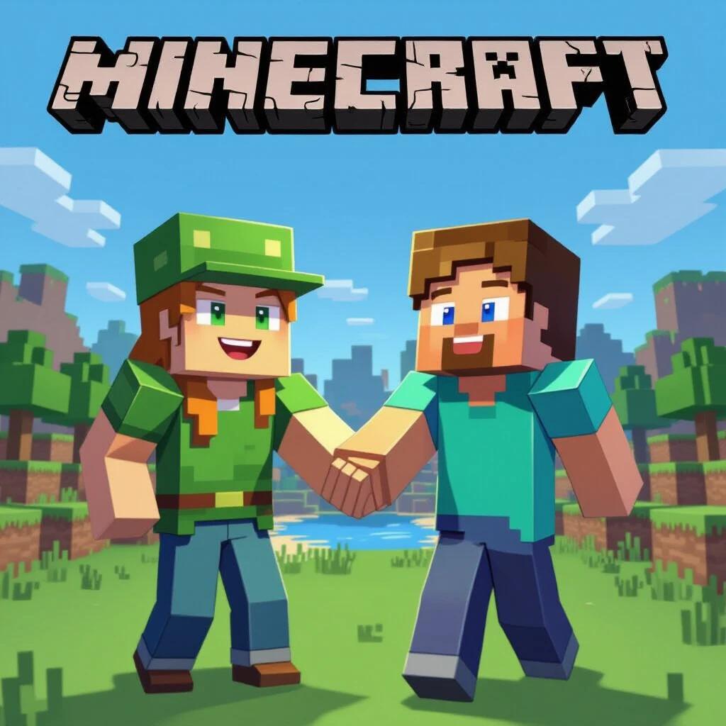 Change background to Minecraft and Roblox environments. Two characters are holding hands in new scenery.