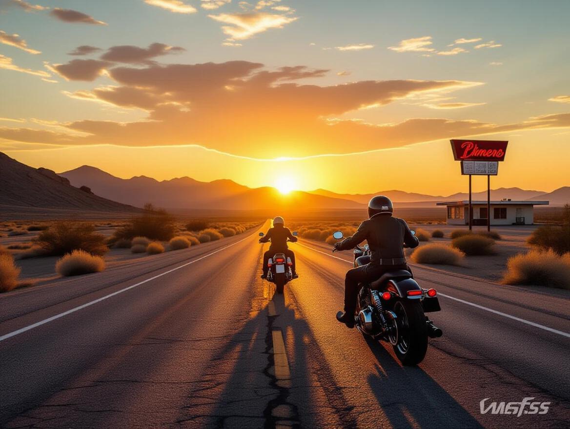Windswept desert highway at golden hour. Two motorcyclists in leather gear ride toward the horizon. Setting sun casts long shadows on cracked asphalt. Biker helmets reflect orange sky. Tumbleweeds drift by. Arid terrain with dry shrubs and rocks on road sides. Distant classic diner with flickering neon sign. Image shot from low angle behind motorcycles with cinematic lens flares. Realistic textures of leather and road grit visible.