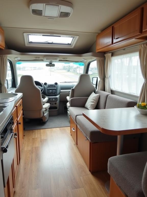 Interior view of a clean motorhome showcasing seating area and kitchenette. Natural light illuminates space. Well-organized layout with a focus on comfort and functionality.