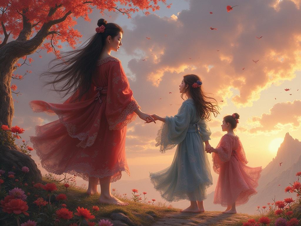 阳光穿透发丝，自然的随风扬起，脸部细节不变。这幅画呈现出一位女性的肖像，她的皮肤是健康的肤色，长发稍微卷曲，身穿印有绿色和蓝色图案的轻薄衬衫，搭配深色短裤。女性微微仰头，带着温柔的微笑，背景是模糊的自然景色，光线温暖，营造出舒适的氛围。她的肩上挂着一个小巧的手袋，增添了整体的时尚感。