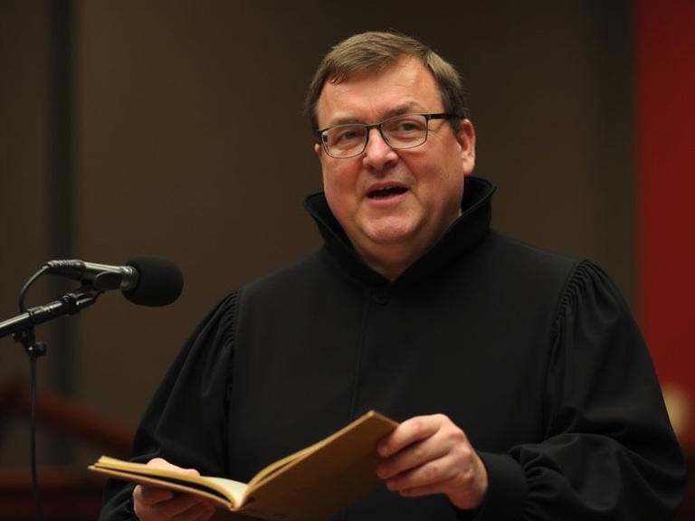 Man in a black robe reading from a book at a public speaking event. He appears engaged and addresses an audience.