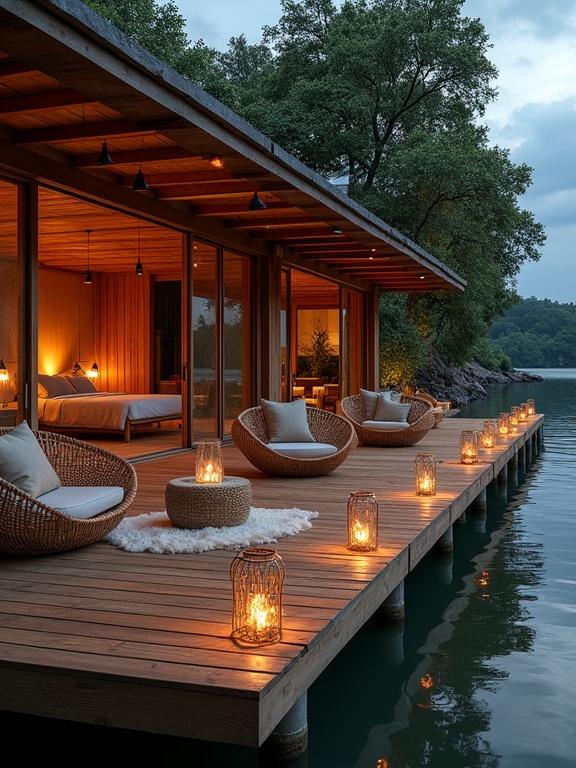 Breathtaking lakeside retreat with a cabin structure featuring large glass doors, natural wood materials, outdoor seating area, calm water reflections, warm lighting ambiance and surrounded by forest.
