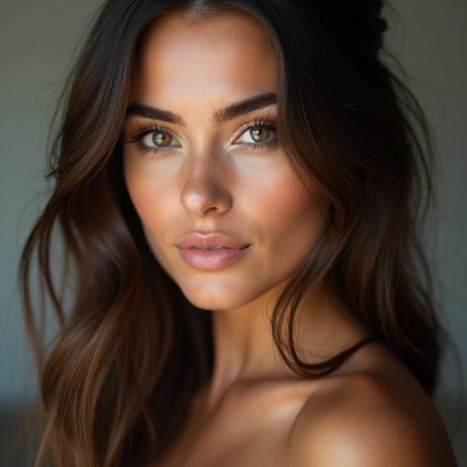 Beautiful lady with natural features in an elegant portrait. Hair is loose and cascading with soft lighting. Captivating facial expression with warm eyes.